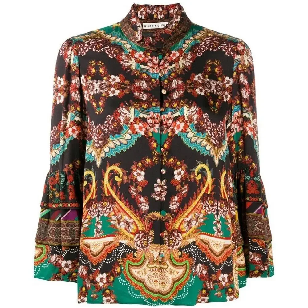 Alice and Olivia Liberty Printed Button-Front Tiered Ruffled Blouse Small - Picture 2 of 13